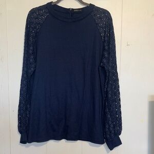 Miholl Women's Navy Lace Sleeve Blouse CXL